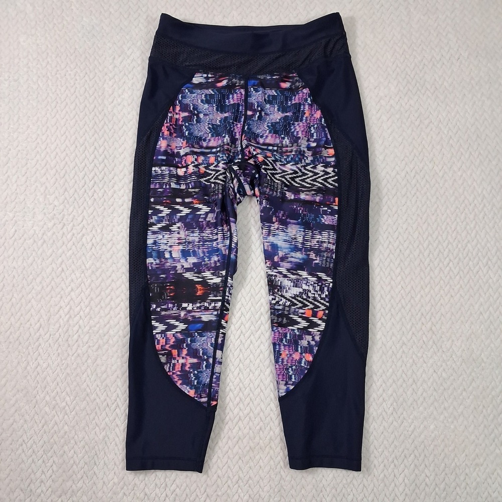 Athleta Mesh Panel Cropped Leggings Womens Medium Navy Blue Multi